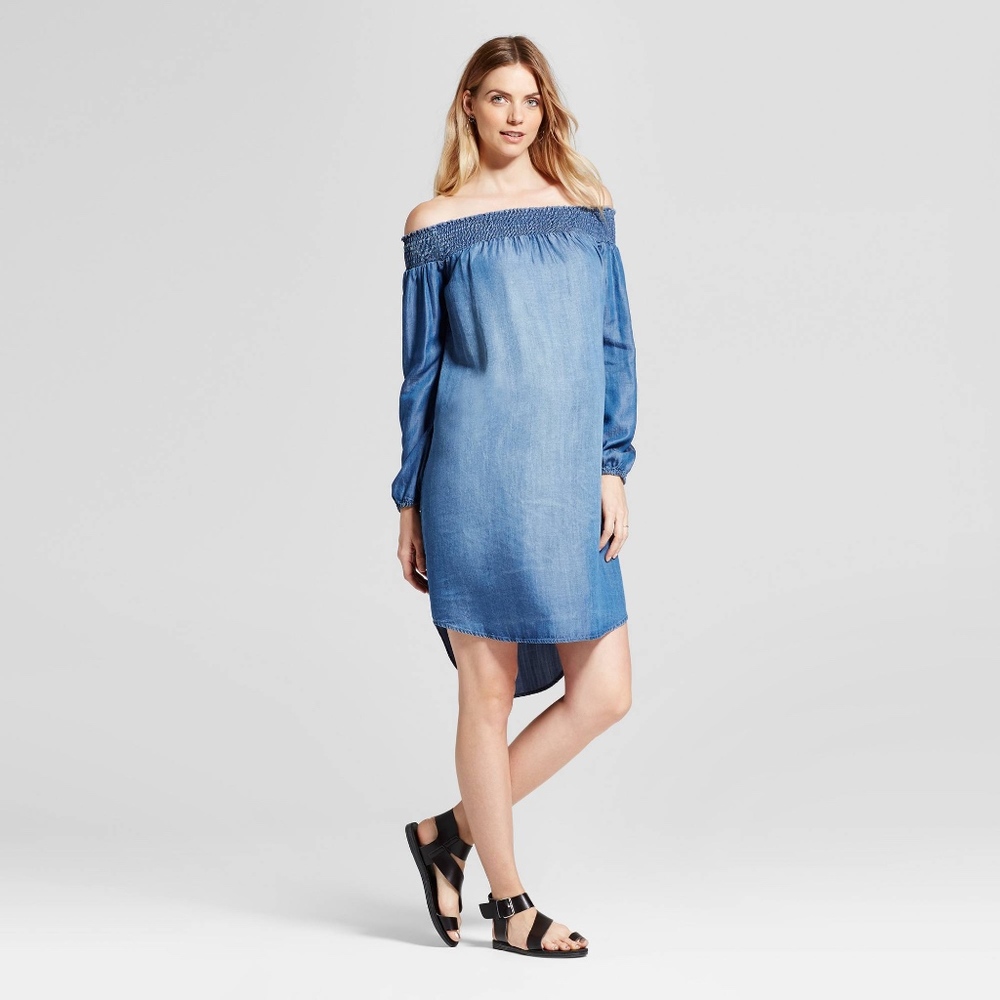 Isabel Maternity Off Shoulder Denim Chambray Dress